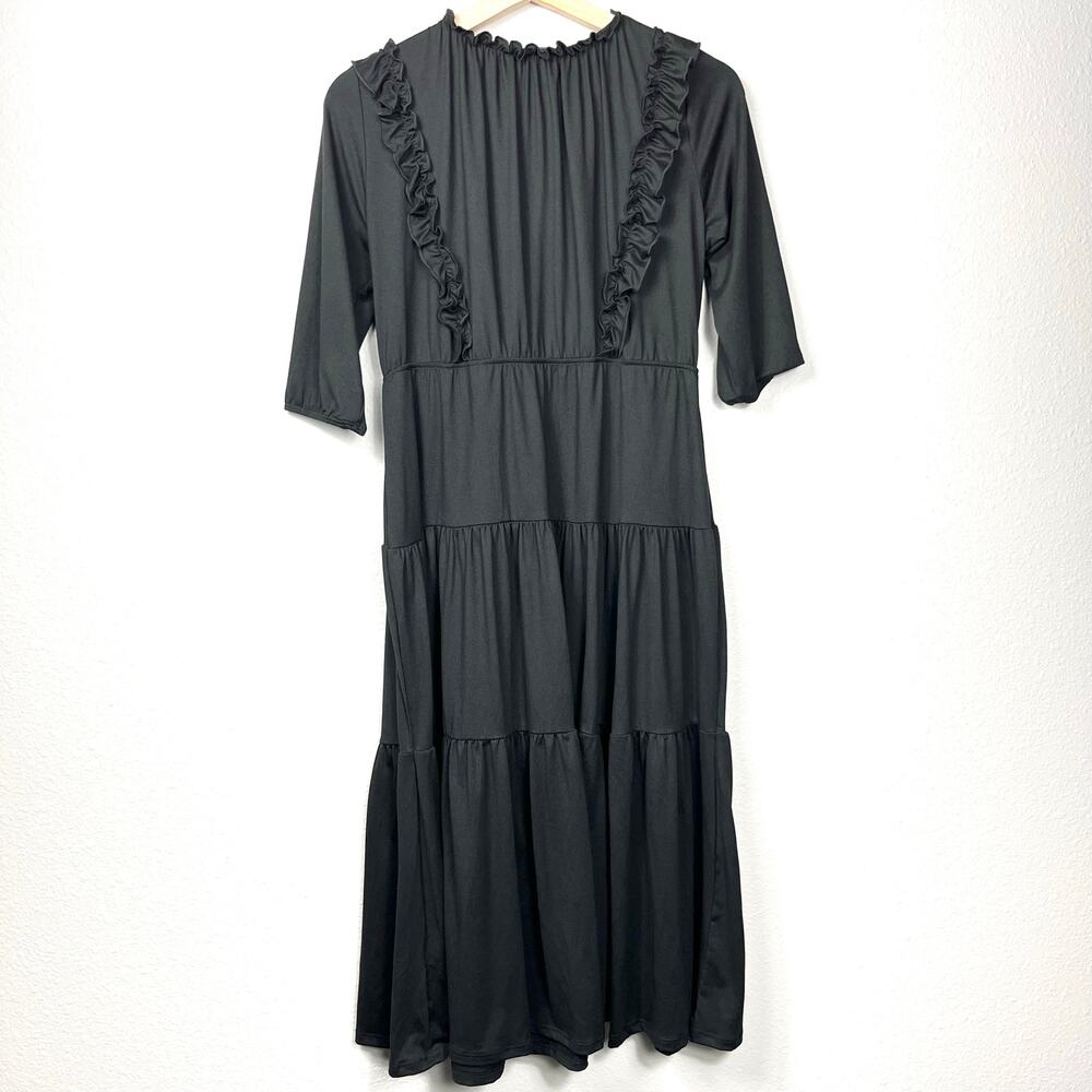 Velvet Torch Black Midi Dress Size Large Tiered‎ Ruffles Whimsigoth Prairie NWOT